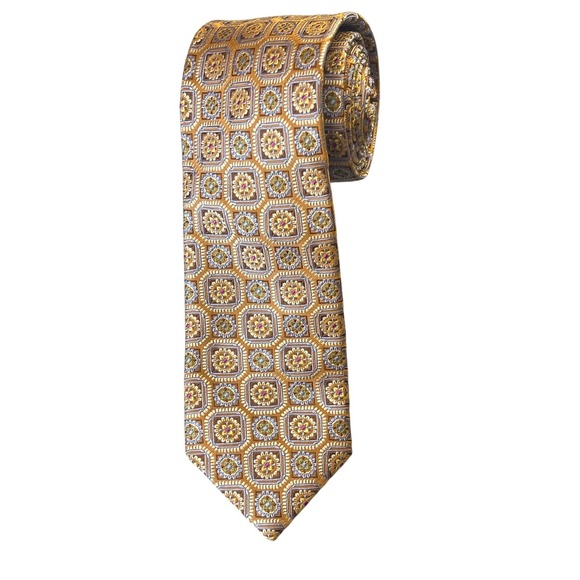 JZ Boulder Other - JZ Boulder Silk‎ Necktie Geometric Floral Pattern Gold Brown Mens Tie